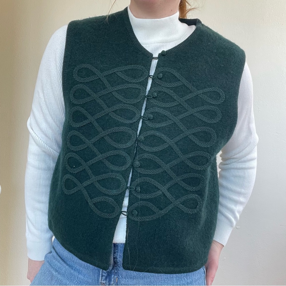Cambridge Dry Goods Dark Green Braided Cable Button Vest